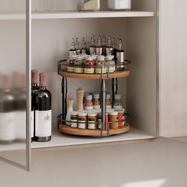 2-Organisateur d'épices Lazy Susan rotatif à hauteur réglable et à niveaux, Support à bouteilles d'assaisonnement marron rustique pour comptoirs et armoires de cuisine