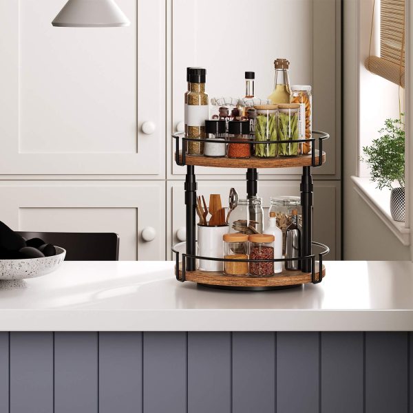 2-Organisateur d'épices Lazy Susan rotatif à hauteur réglable et à niveaux, Support à bouteilles d'assaisonnement marron rustique pour comptoirs et armoires de cuisine