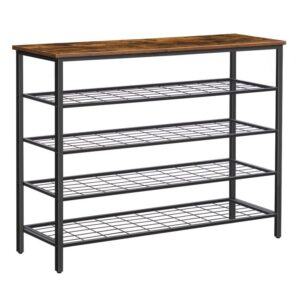 shoe rack, 5-tier shoe shelf, industrial shoe storage organizer with 4 metal mesh shelves, durable and stable, ideal for entryway, hallway, closet, bedroom, easy assembly, rustic brown