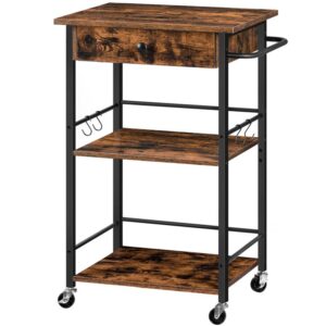 kitchen island rolling cart on wheels, kitchen cart with drawer, 3-tier storage trolley with hooks and handle, for kitchen, dining room, living room, rustic brown