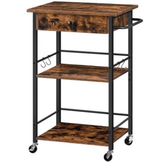 Κουζίνα Κουζίνα νησί σε τροχούς, καλάθι κουζίνας με συρτάρι, 3-Trolley αποθήκευσης βαθμίδας με άγκιστρα και λαβή, για κουζίνα, τραπεζαρία, καθιστικό, ρουστίκ
