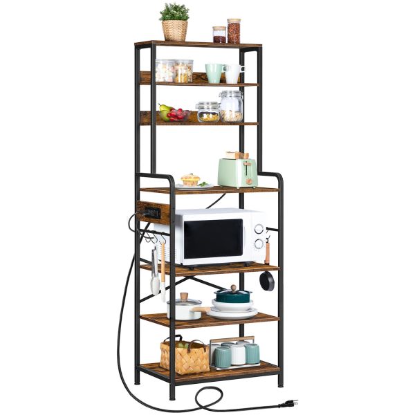 Rustic Brown Bakers Rack with Power Outlet, Mikrowellenständer mit 4 S-förmige Haken, 7-Etagenregal für die Küchenaufbewahrung, Kaffee Bar, Geeignet für Küche und Wohnzimmer