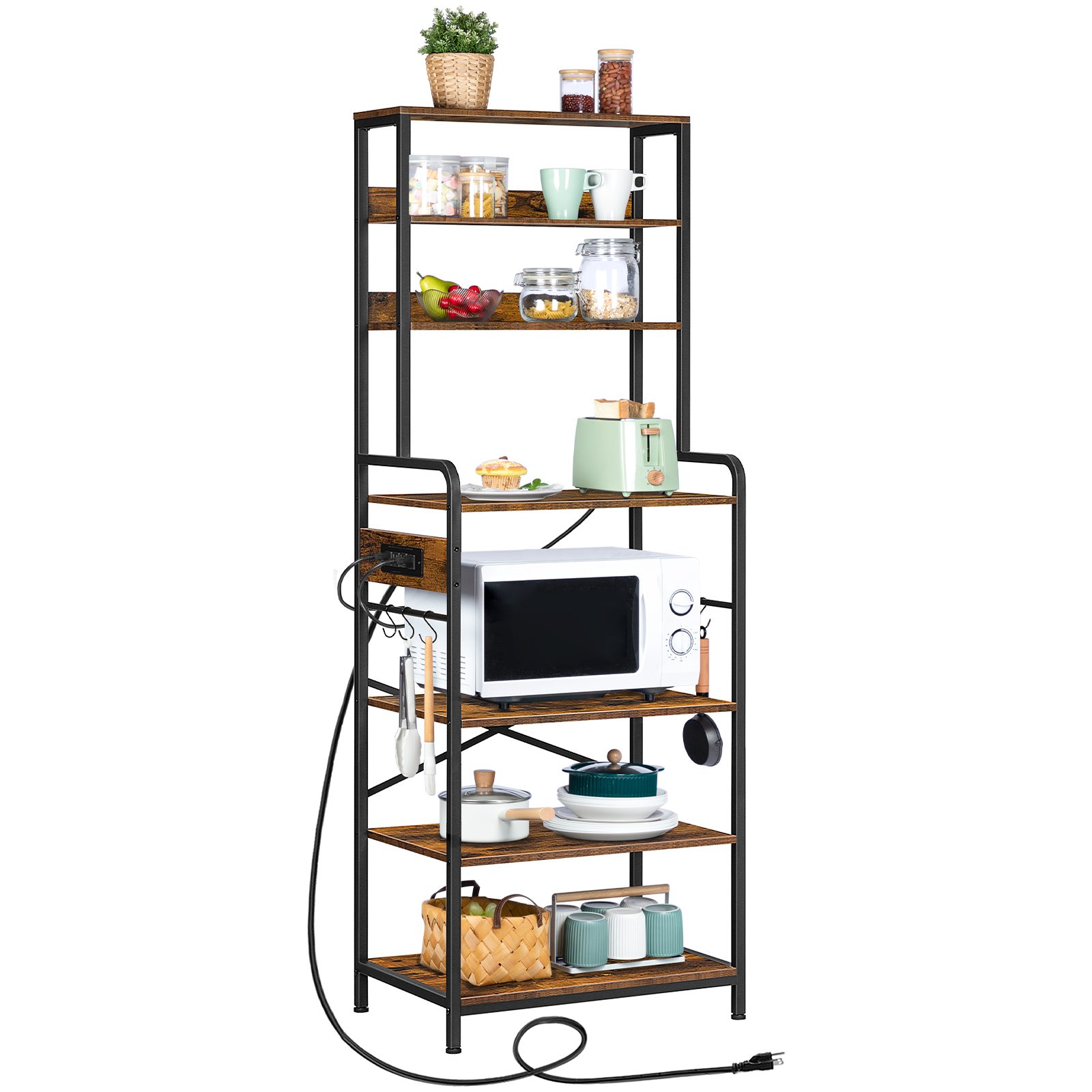 Rustic Brown Bakers Rack with Power Outlet, Mikrowellenständer mit 4 S-förmige Haken, 7-Etagenregal für die Küchenaufbewahrung, Kaffee Bar, Geeignet für Küche und Wohnzimmer