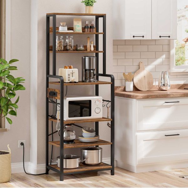 Rustic Brown Bakers Rack with Power Outlet, Mikrowellenständer mit 4 S-förmige Haken, 7-Etagenregal für die Küchenaufbewahrung, Kaffee Bar, Geeignet für Küche und Wohnzimmer