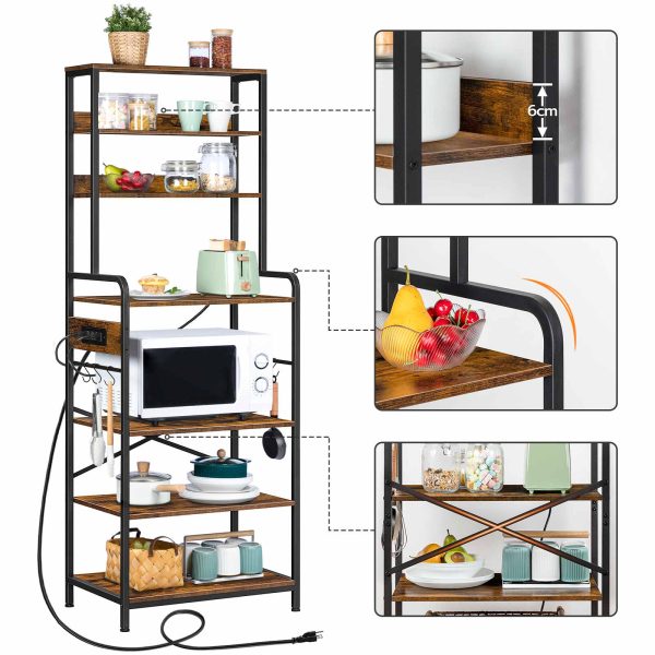 Rustic Brown Bakers Rack with Power Outlet, Mikrowellenständer mit 4 S-förmige Haken, 7-Etagenregal für die Küchenaufbewahrung, Kaffee Bar, Geeignet für Küche und Wohnzimmer