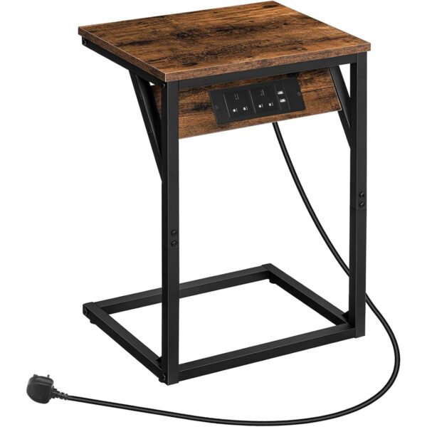 Приставний стіл у формі С, Диванний столик із зарядною станцією, 2 Підключіть розетки та 2 USB порти, Вузький стіл для ліжка для невеликих просторів, Столик для ноутбука для дивана, Сільський коричневий і чорний