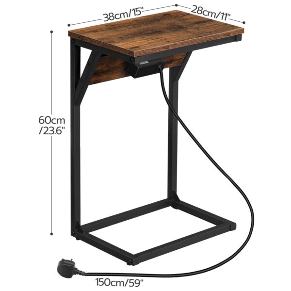 Приставний стіл у формі С, Диванний столик із зарядною станцією, 2 Підключіть розетки та 2 USB порти, Вузький стіл для ліжка для невеликих просторів, Столик для ноутбука для дивана, Сільський коричневий і чорний