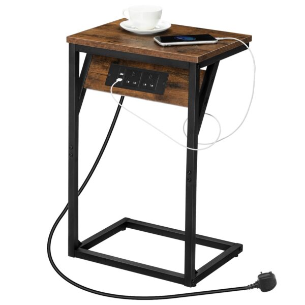 Приставний стіл у формі С, Диванний столик із зарядною станцією, 2 Підключіть розетки та 2 USB порти, Вузький стіл для ліжка для невеликих просторів, Столик для ноутбука для дивана, Сільський коричневий і чорний