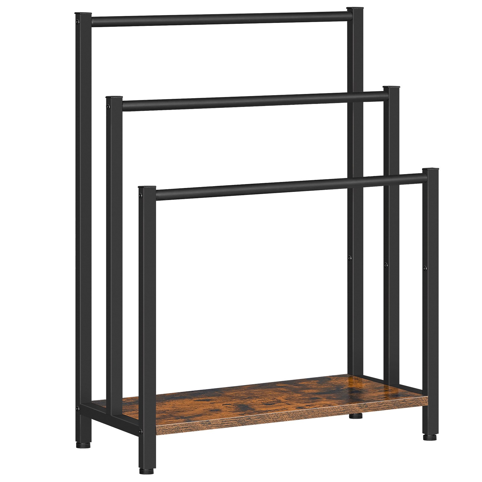 freestanding towel rack, 3 tier metal blanket rack, 23.6" l x 11" w x 31.9" h, blanket ladder holder for bathroom, industrial drying and display rack with shelf, black
