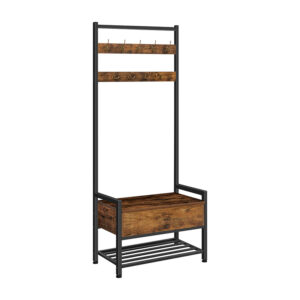 coat rack with storage cabinet, hall tree entryway organizer storage bench, free standing wood accent with metal hooks and frame, easy assembly, industrial design, rustic brown