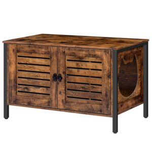 cat litter box enclosure, hidden furniture with shutter door and cat head mat, entrance can be on left or right, cat washroom fit most of litter box, rustic brown