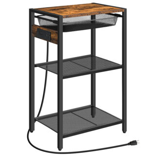 Tavolo di estremità alto con stazione di ricarica, Tavolo telefonico industriale con cestino di stoccaggio in metallo regolabile, Comodino da tavolino alto per soggiorno, Camera da letto, Ufficio, Marrone rustico