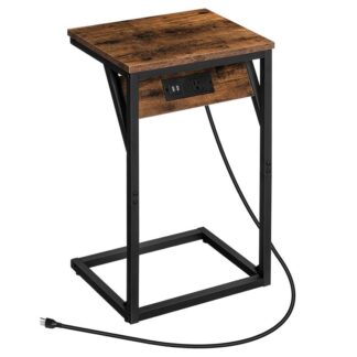 C-muotoinen päätypöytä latausasemalla, kapea sohva sohvapöytä pienelle tilalle, Teollisuuskerroksen pöytä, jossa on metallikehys olohuoneeseen, makuuhuone, asuntola, maalaismainen ruskea