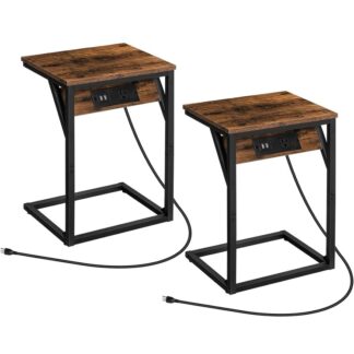 Set of 2 C Shape End Tables with Charging Station, Side Table for Sofa with USB Ports & Outlet, Industrial Couch Table with Metal Frame for Study Living Room Bedroom, Rustic Brown