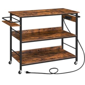kitchen island with power outlet, 43.3" l x 19.7" w x 38.1" h, kitchen storage rack with seasoning shelf, kitchen cart with 4 hooks, for kitchen, dining room, rustic brown and black