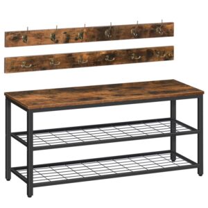 coat rack shoe bench set, entryway shoe rack with coat hooks, coat hat bag hanging organizer, industrial design, easy assembly, rustic brown and black
