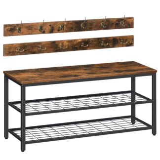coat rack shoe bench set, entryway shoe rack with coat hooks, coat hat bag hanging organizer, industrial design, easy assembly, rustic brown and black