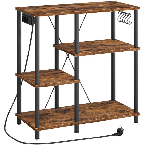 Baker's Rack with Power Sockets, Multifunktionales Standregal für die Küche, Mikrowellenregal mit 5 S-Haken, Vintage Brown & Schwarzer Kaffeebar-Organizer