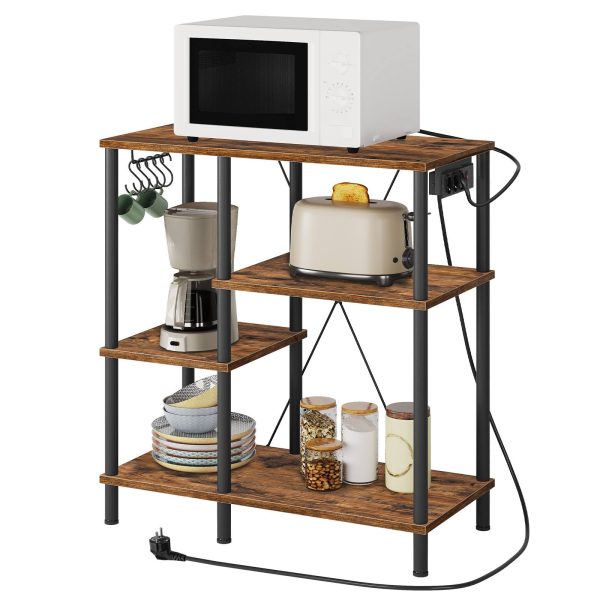 Baker's Rack with Power Sockets, Multifunktionales Standregal für die Küche, Mikrowellenregal mit 5 S-Haken, Vintage Brown & Schwarzer Kaffeebar-Organizer