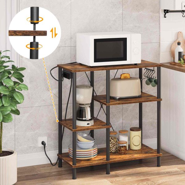 Baker's Rack with Power Sockets, Multifunktionales Standregal für die Küche, Mikrowellenregal mit 5 S-Haken, Vintage Brown & Schwarzer Kaffeebar-Organizer