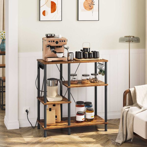 Baker's Rack with Power Sockets, Multifunktionales Standregal für die Küche, Mikrowellenregal mit 5 S-Haken, Vintage Brown & Schwarzer Kaffeebar-Organizer