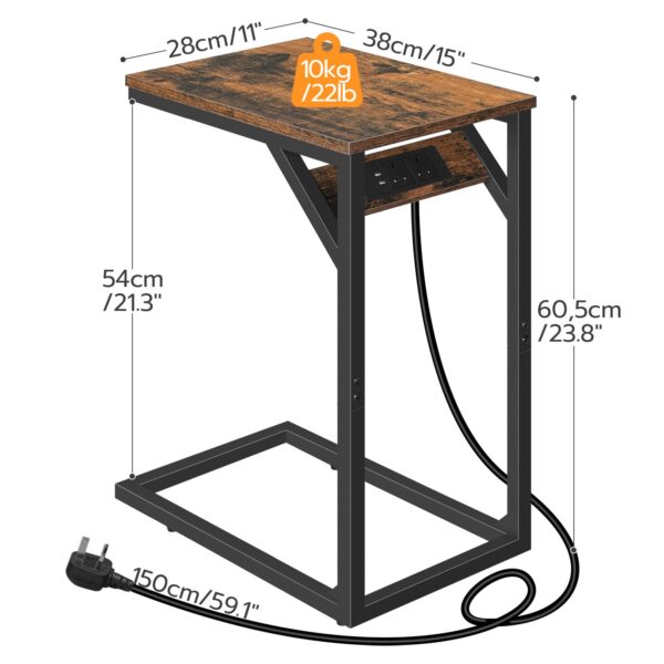 C-vormige bijzettafel, SOFA -tafel met laadstation, laptoptabel voor bank, 2 USB -poorten 2 AC -verkooppunten, smal nachtkastje met kracht, woonkamer, slaapkamer, Rustiek bruin en zwart