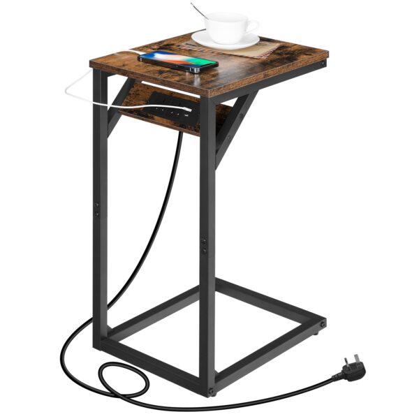C-vormige bijzettafel, SOFA -tafel met laadstation, laptoptabel voor bank, 2 USB -poorten 2 AC -verkooppunten, smal nachtkastje met kracht, woonkamer, slaapkamer, Rustiek bruin en zwart