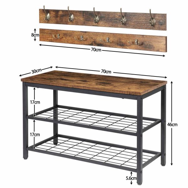 Industrieller Garderobenständer für den Eingangsbereich & Schuhbank-Set, Rustikale braune 2-reihige Garderobenhaken für den Flur, Multifunktionaler Schlammraum-Organizer für Mäntel, Hüte, Taschen und Schuhe