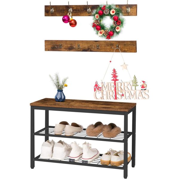 Industrieller Garderobenständer für den Eingangsbereich & Schuhbank-Set, Rustikale braune 2-reihige Garderobenhaken für den Flur, Multifunktionaler Schlammraum-Organizer für Mäntel, Hüte, Taschen und Schuhe