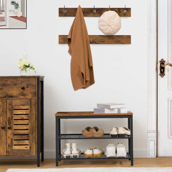 Industrieller Garderobenständer für den Eingangsbereich & Schuhbank-Set, Rustikale braune 2-reihige Garderobenhaken für den Flur, Multifunktionaler Schlammraum-Organizer für Mäntel, Hüte, Taschen und Schuhe