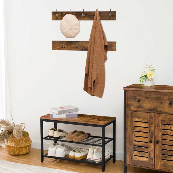Industrieller Garderobenständer für den Eingangsbereich & Schuhbank-Set, Rustikale braune 2-reihige Garderobenhaken für den Flur, Multifunktionaler Schlammraum-Organizer für Mäntel, Hüte, Taschen und Schuhe