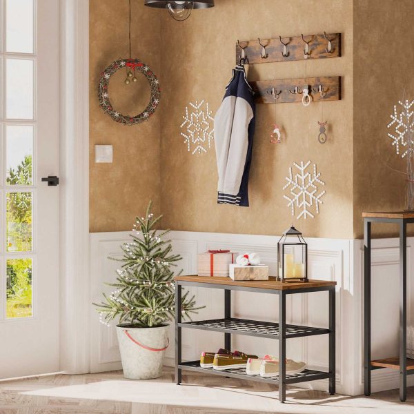 Industrieller Garderobenständer für den Eingangsbereich & Schuhbank-Set, Rustikale braune 2-reihige Garderobenhaken für den Flur, Multifunktionaler Schlammraum-Organizer für Mäntel, Hüte, Taschen und Schuhe