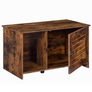 cat litter box enclosure, hidden cat litter box furniture with louvered door, spacious hidden cat washroom with divider, cat furniture cabinet, wooden pet house, rustic brown and black