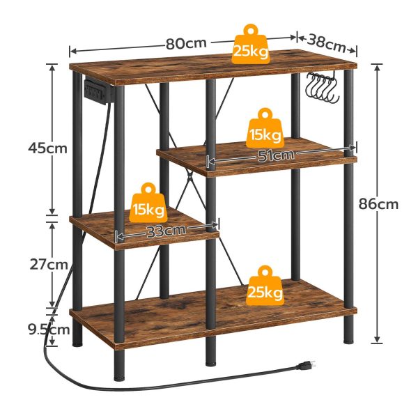 Bagerstativ med stikkontakt, Mikrobølgeovnstativ med 5 S-formede kroge, Multifunktionel kaffebar & Køkkenopbevaringshylde, Velegnet til køkken og stue, Rustik brun & Sort