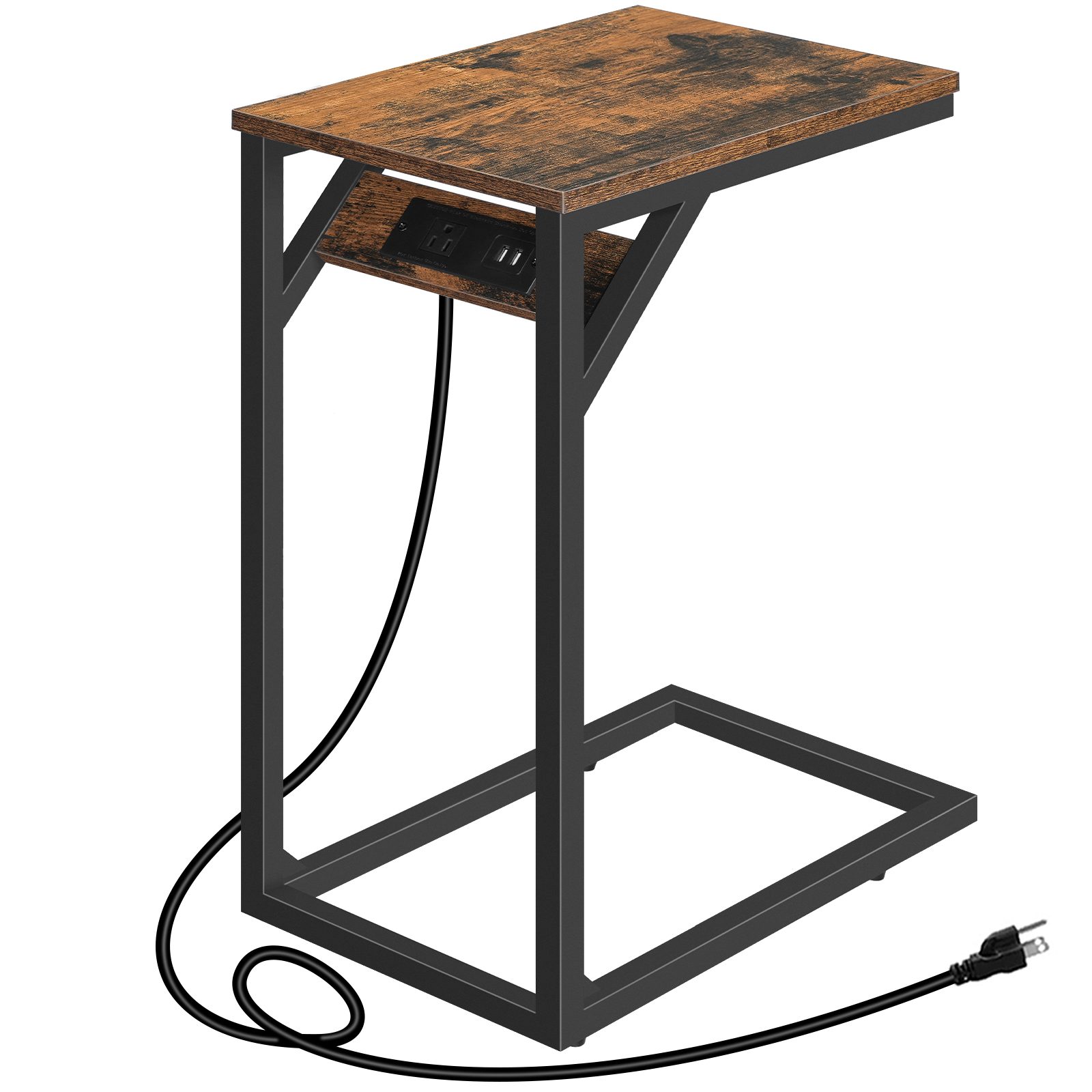 Industrial C Shaped End Table with Charging Station, Retro Rustic Brown and Black Small Sofa Couch Side Table, Narrow Nightstand for Small Space, Living Room, Bedroom