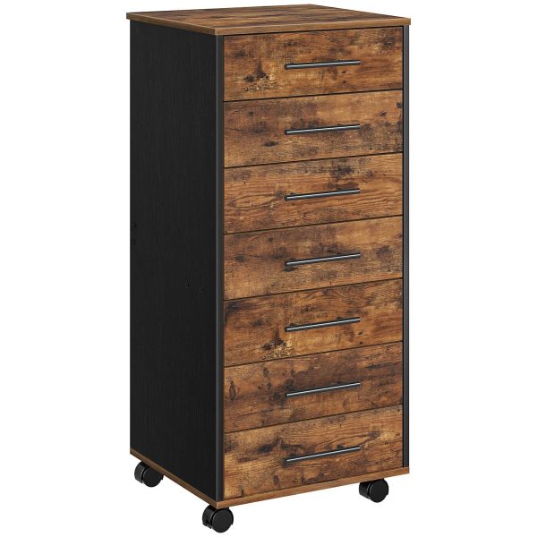 7-Classeur à tiroirs, Brun rustique & Armoire de rangement de bureau en bois noir avec tiroirs, Assemblage facile, Convient pour le bureau à domicile et les études