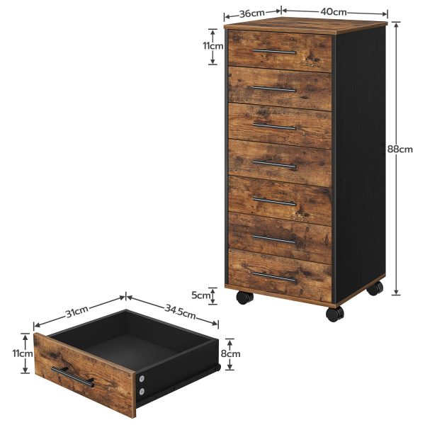 7-Classeur à tiroirs, Brun rustique & Armoire de rangement de bureau en bois noir avec tiroirs, Assemblage facile, Convient pour le bureau à domicile et les études