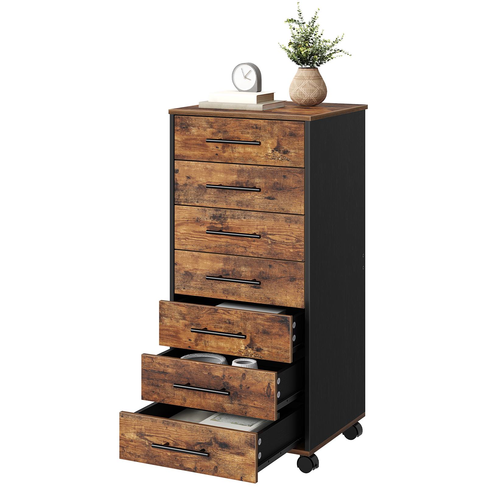 7-Drawer Chest File Cabinet, Rustikales Braun & Black Wooden Office Storage Cabinet with Drawers, Einfache Montage, Suitable for Home Office and Study