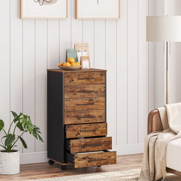 7-Classeur à tiroirs, Brun rustique & Armoire de rangement de bureau en bois noir avec tiroirs, Assemblage facile, Convient pour le bureau à domicile et les études