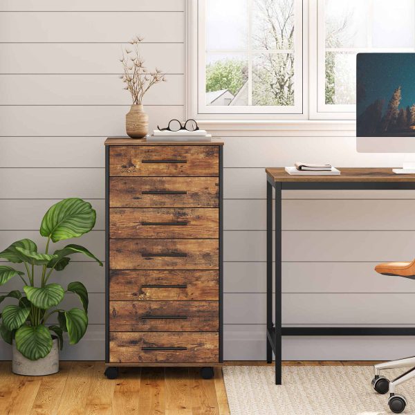 7-Classeur à tiroirs, Brun rustique & Armoire de rangement de bureau en bois noir avec tiroirs, Assemblage facile, Convient pour le bureau à domicile et les études
