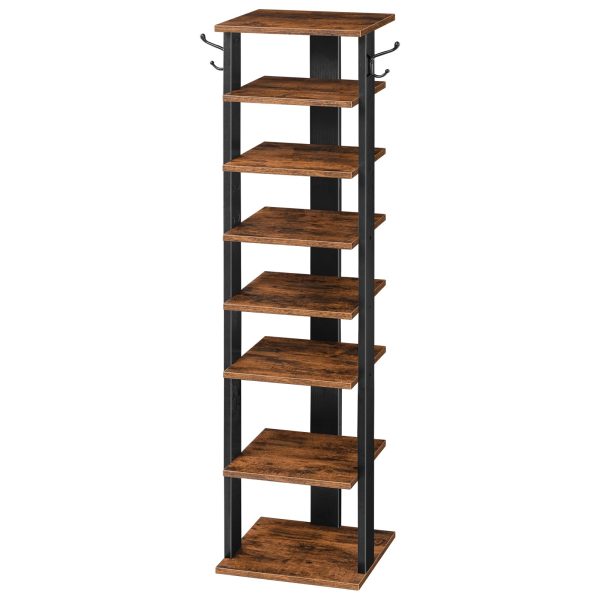 8-Tier Vertical Wooden Shoe Rack, Narrow Slim Storage Organizer with 2 Auxiliary Hooks, Space-Saving Tower, Sturdy Structure, Fit for Entryway, Living Room, Hallway, Industrial Design, Rustic Brown