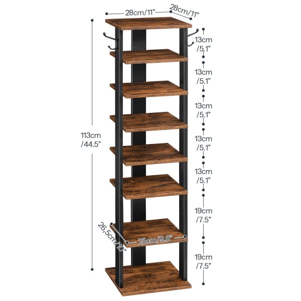 8-Tier Vertical Wooden Shoe Rack, Narrow Slim Storage Organizer with 2 Auxiliary Hooks, Space-Saving Tower, Sturdy Structure, Fit for Entryway, Living Room, Hallway, Industrial Design, Rustic Brown