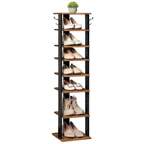 8-Tier Vertical Wooden Shoe Rack, Narrow Slim Storage Organizer with 2 Auxiliary Hooks, Space-Saving Tower, Sturdy Structure, Fit for Entryway, Living Room, Hallway, Industrial Design, Rustic Brown
