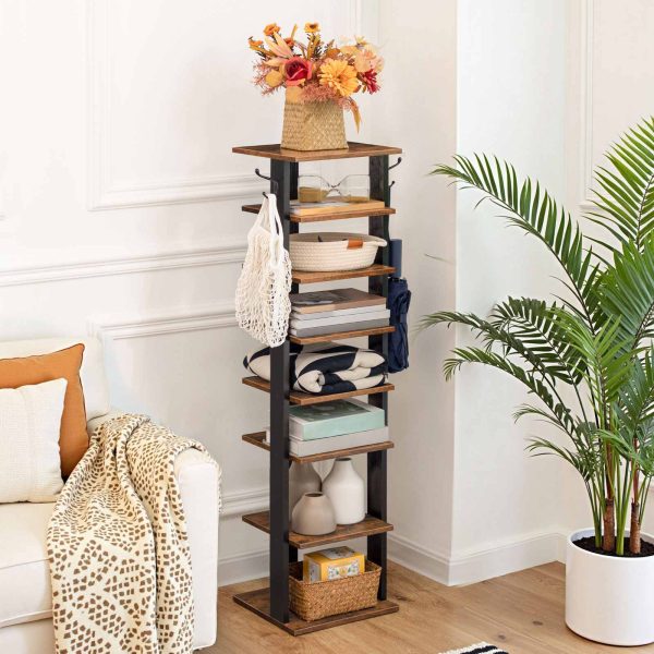 8-Tier Vertical Wooden Shoe Rack, Narrow Slim Storage Organizer with 2 Auxiliary Hooks, Space-Saving Tower, Sturdy Structure, Fit for Entryway, Living Room, Hallway, Industrial Design, Rustic Brown