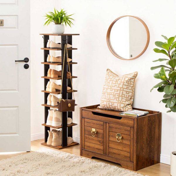 8-Tier Vertical Wooden Shoe Rack, Narrow Slim Storage Organizer with 2 Auxiliary Hooks, Space-Saving Tower, Sturdy Structure, Fit for Entryway, Living Room, Hallway, Industrial Design, Rustic Brown