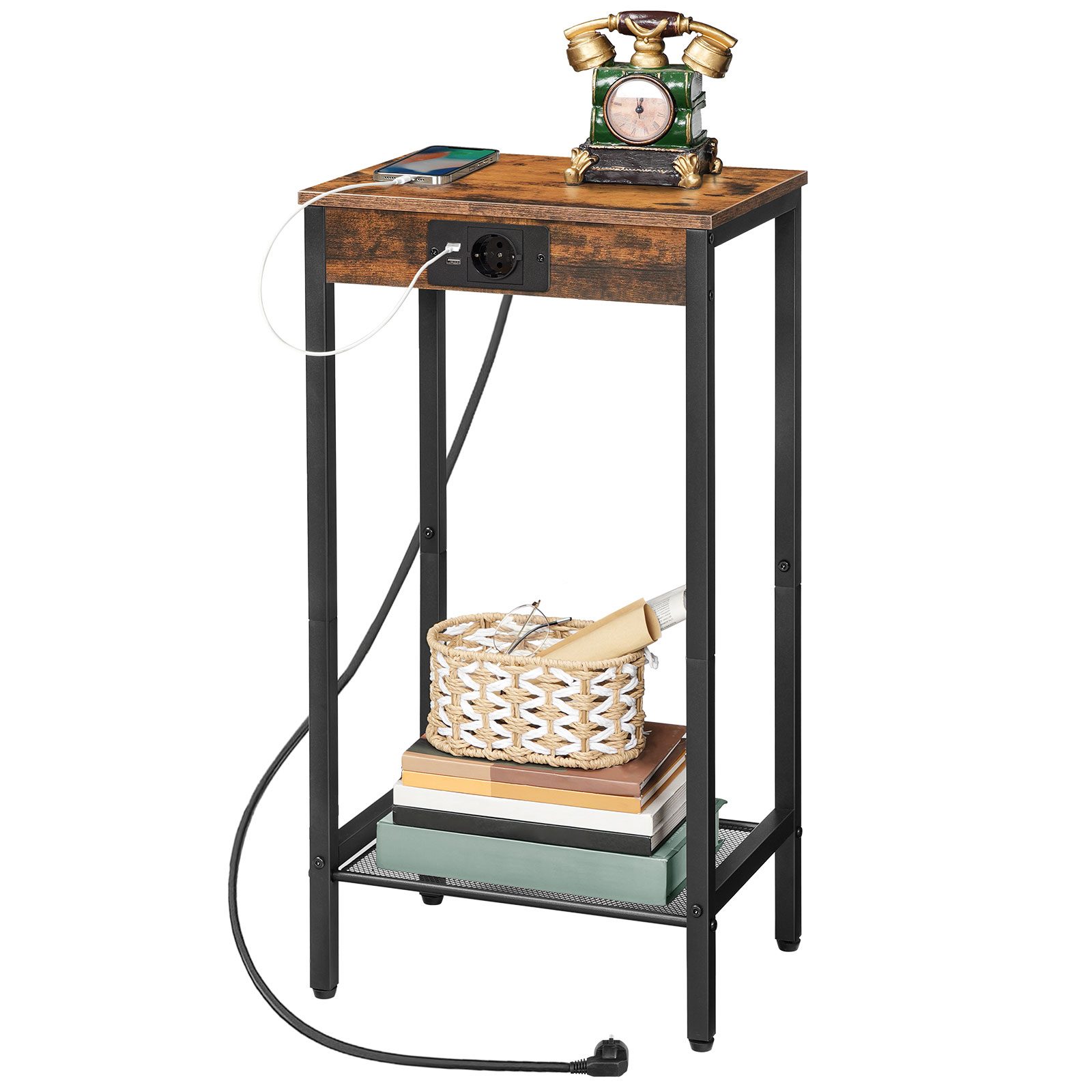 Vintage Brown & Black Narrow Side Table with Charging Station, 2-Tier High Telephone Table with Power Shelf, Suitable for Living Room, Bedroom and Office
