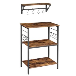 vintage baker rack with floating shelf, rustic brown microwave stand with shelves, versatile coffee bar with 12 hooks, for kitchen, entryway, living room, dining room, office