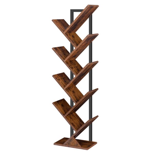 bibliothèque en forme d'arbre, 9-étagères en bois de bibliothèque de niveau, Rack de rangement debout au sol, pour l'affichage des CD, Livres dans le salon, bureau à domicile, Rack de rangement en bois pour chambre à coucher, marron rustique