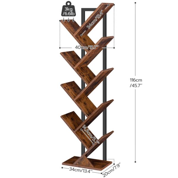 bibliothèque en forme d'arbre, 9-étagères en bois de bibliothèque de niveau, Rack de rangement debout au sol, pour l'affichage des CD, Livres dans le salon, bureau à domicile, Rack de rangement en bois pour chambre à coucher, marron rustique