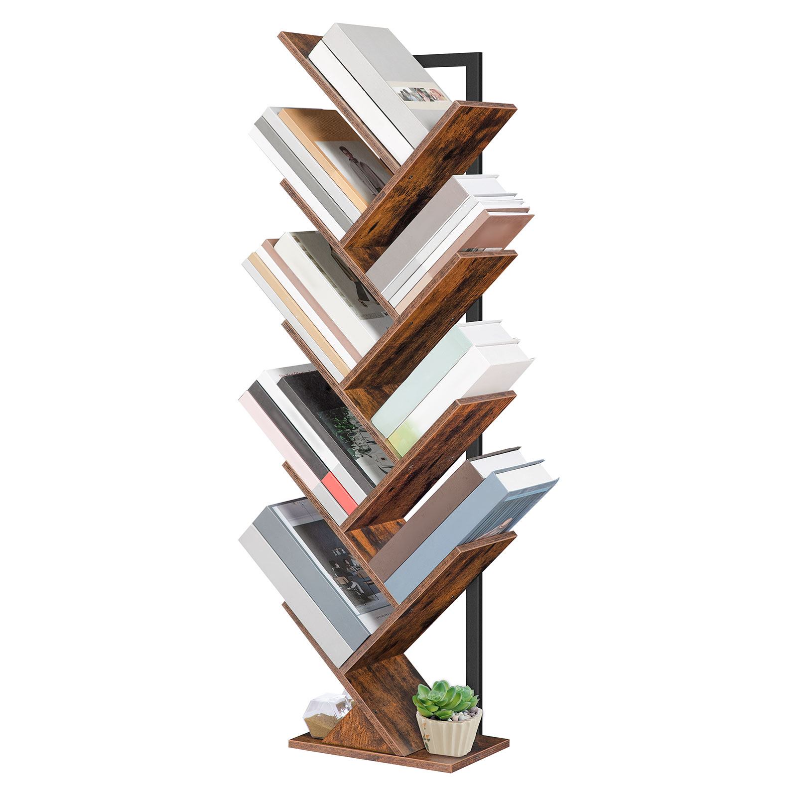 tree bookshelf, 9-tier bookcase wooden shelves, floor standing storage rack, for display of cds, books in living room, home office, wood storage rack for bedroom, rustic brown